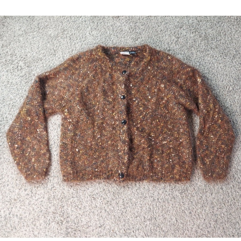 Paul Et Duffier Mohair Blend Cardigan M Brown Womens Vintage Confetti Knit Fuzzy